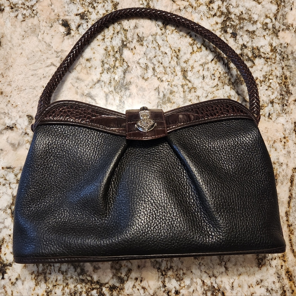 BRIGHTON Purse Vintage black & brown leather shoulder bag w/ Croc pattern, EUC